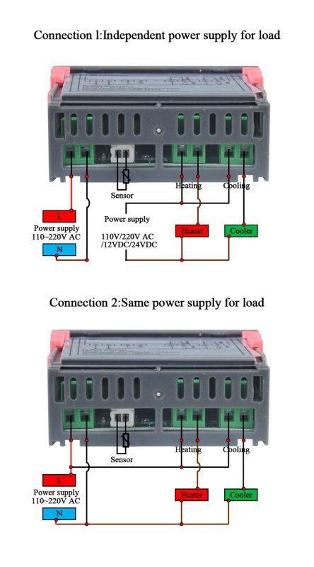 Image of STC 1000 temperature controller wiring option 1 with same power for load